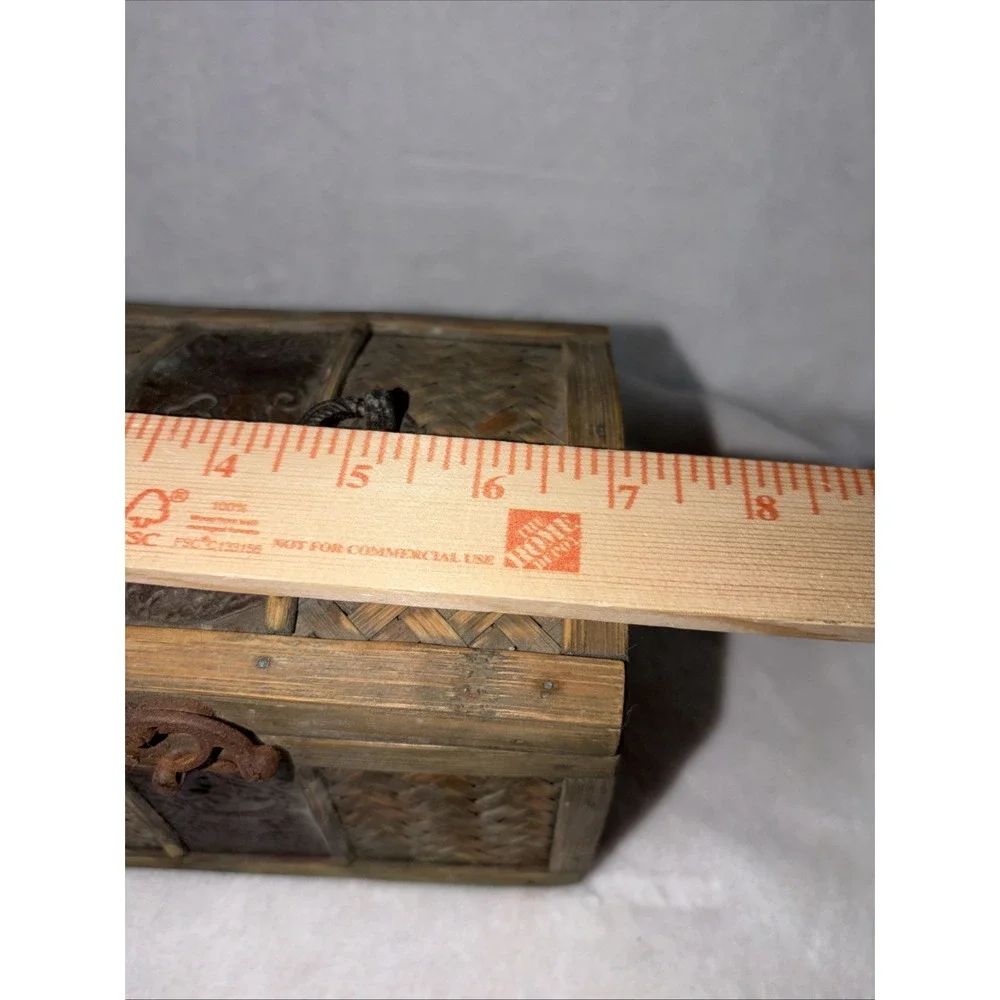 Vintage 80s Treasure Chest Bamboo Trinket Box Rustic Herringbone Pattern Aged